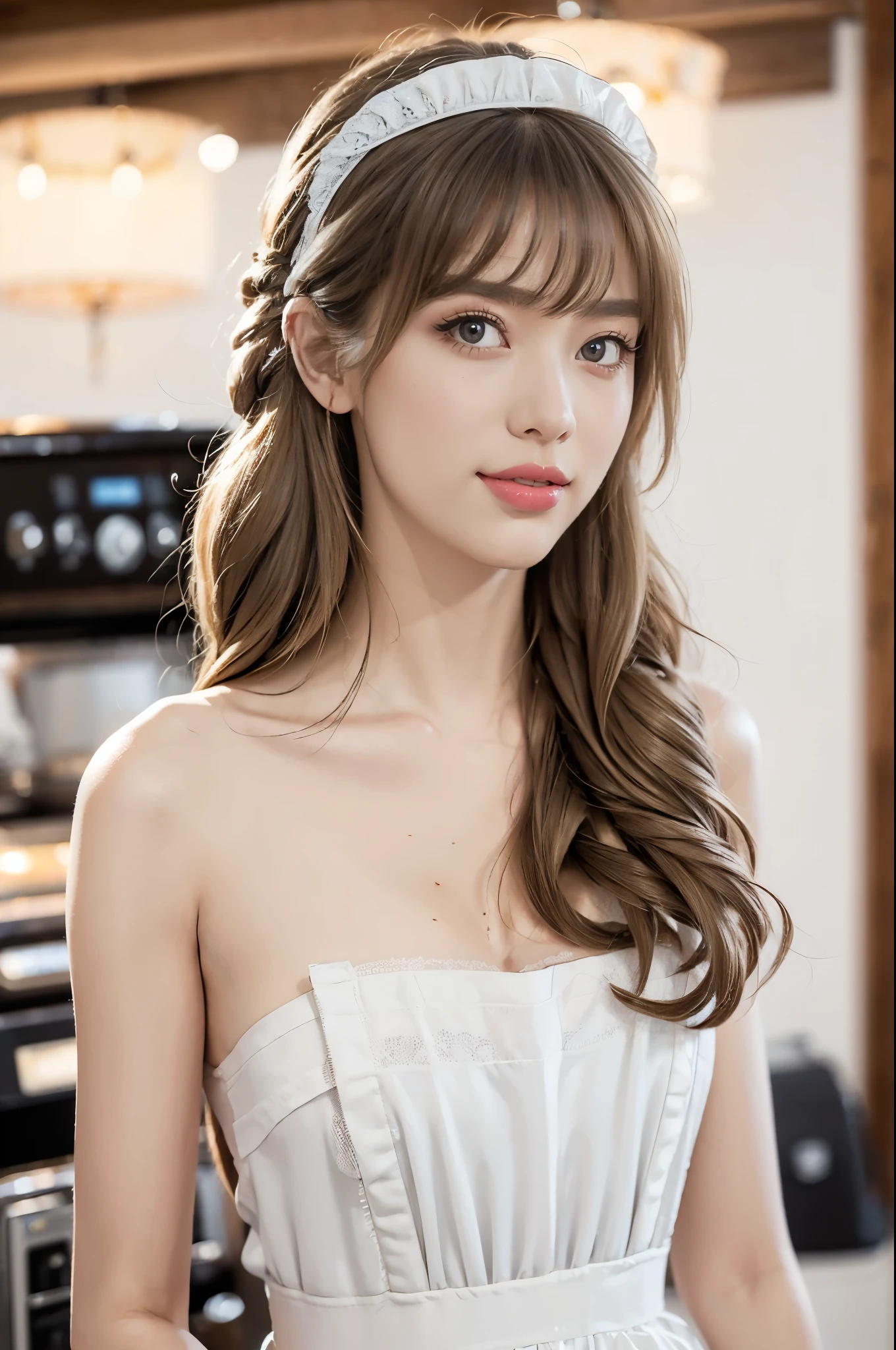 (((best quality))),(((ultra detailed))),(((masterpiece))),illustration,1girl,maid cafe,stunningly beautiful,slim,medium straight bob hair,flat chest,deep captivating eyes,maid costume,strapless see through lace apron,graceful movements,confident charm,warm genuine smile,France cafe,delicious coffee pastries,warm inviting atmosphere,joyful eyes,Coffee Machine,close-up of face