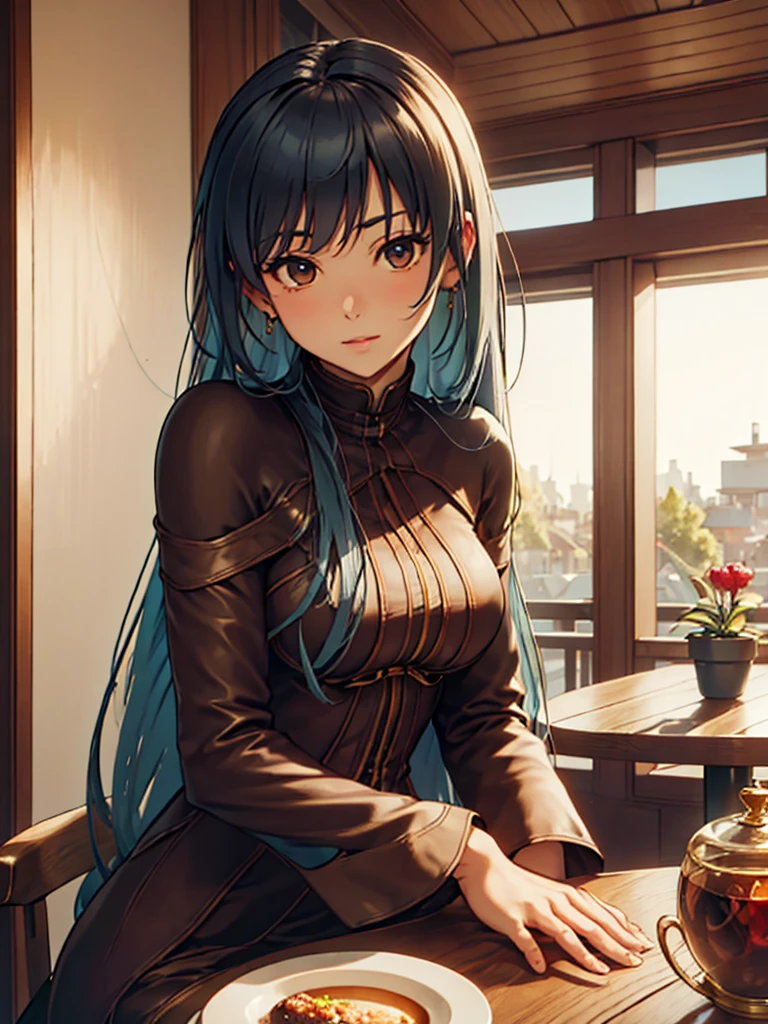 (masterpiece、top-quality、hight resolution), In a cozy café, the scene is viewed from the perspective of someone having tea with a gentle and wealthy married woman. She has a calm and relaxed demeanor, clearly evident at first glance. She is dressed in simple but high-quality, expensive clothing. The woman looks softly at her companion, exuding warmth and kindness. On the table between them, there are light snacks and drinks. Both are seated in comfortable chairs, creating an intimate and relaxed atmosphere.