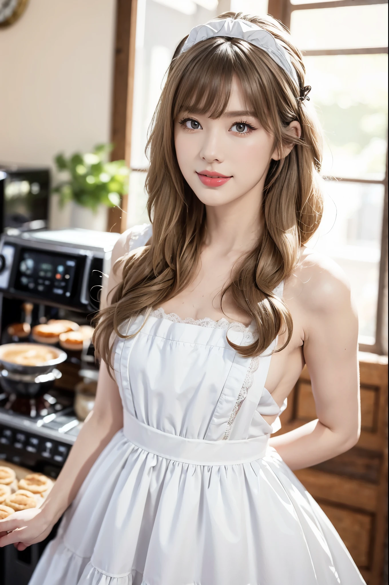 (((best quality))),(((ultra detailed))),(((masterpiece))),illustration,1girl,maid cafe,stunningly beautiful,slim,medium straight bob hair,flat chest,deep captivating eyes,strapless see through lace bra,graceful movements,confident charm,warm genuine smile,France cafe,delicious coffee pastries,warm inviting atmosphere,joyful eyes,Coffee Machine,close-up of face