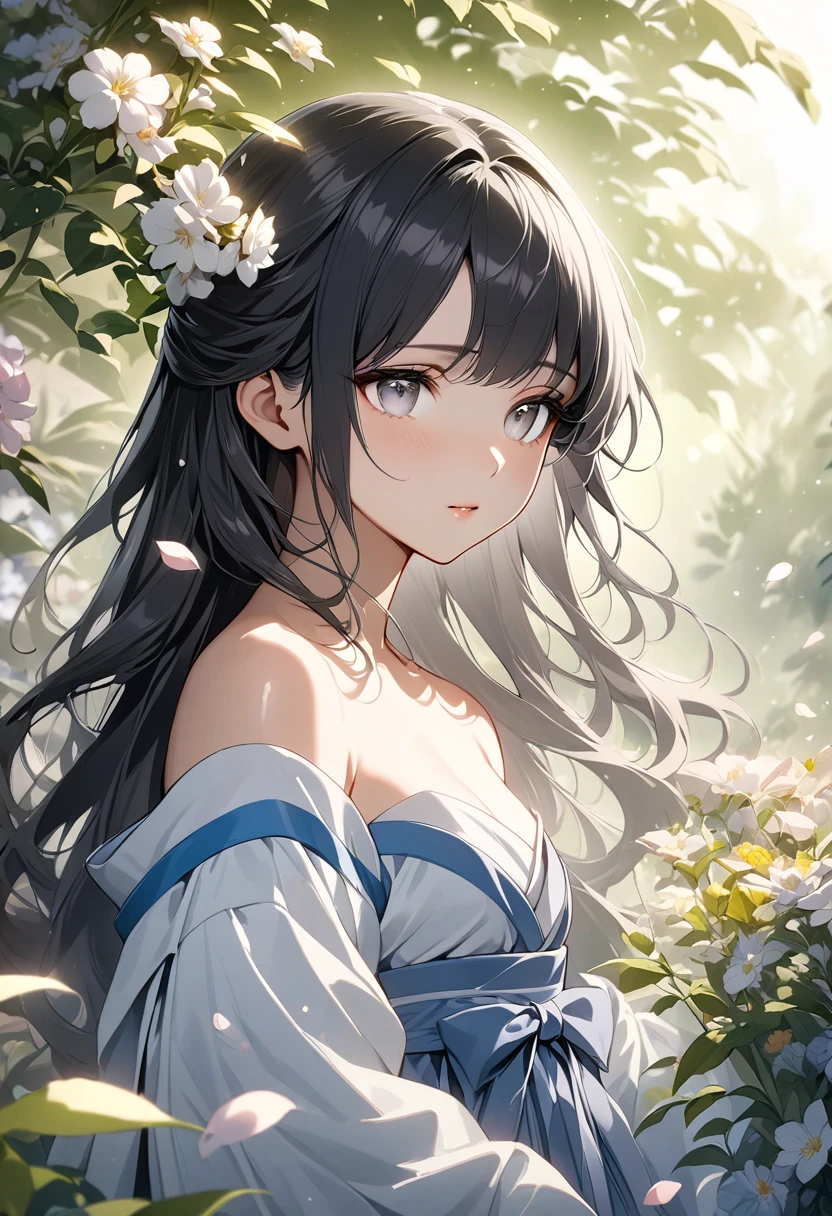 (Girl: 1.5), race, ribbon, Hanfu, (masterpiece, Side light, delicate and beautiful gray eyes: 1.2), masterpiece, Realistic, Glowing Eyes, Shiny Hair, Black Hair, Long Hair, Shiny skin, alone, awkward, Strapless, delicate, beautiful, garden, Flowers, Fluttering petals,