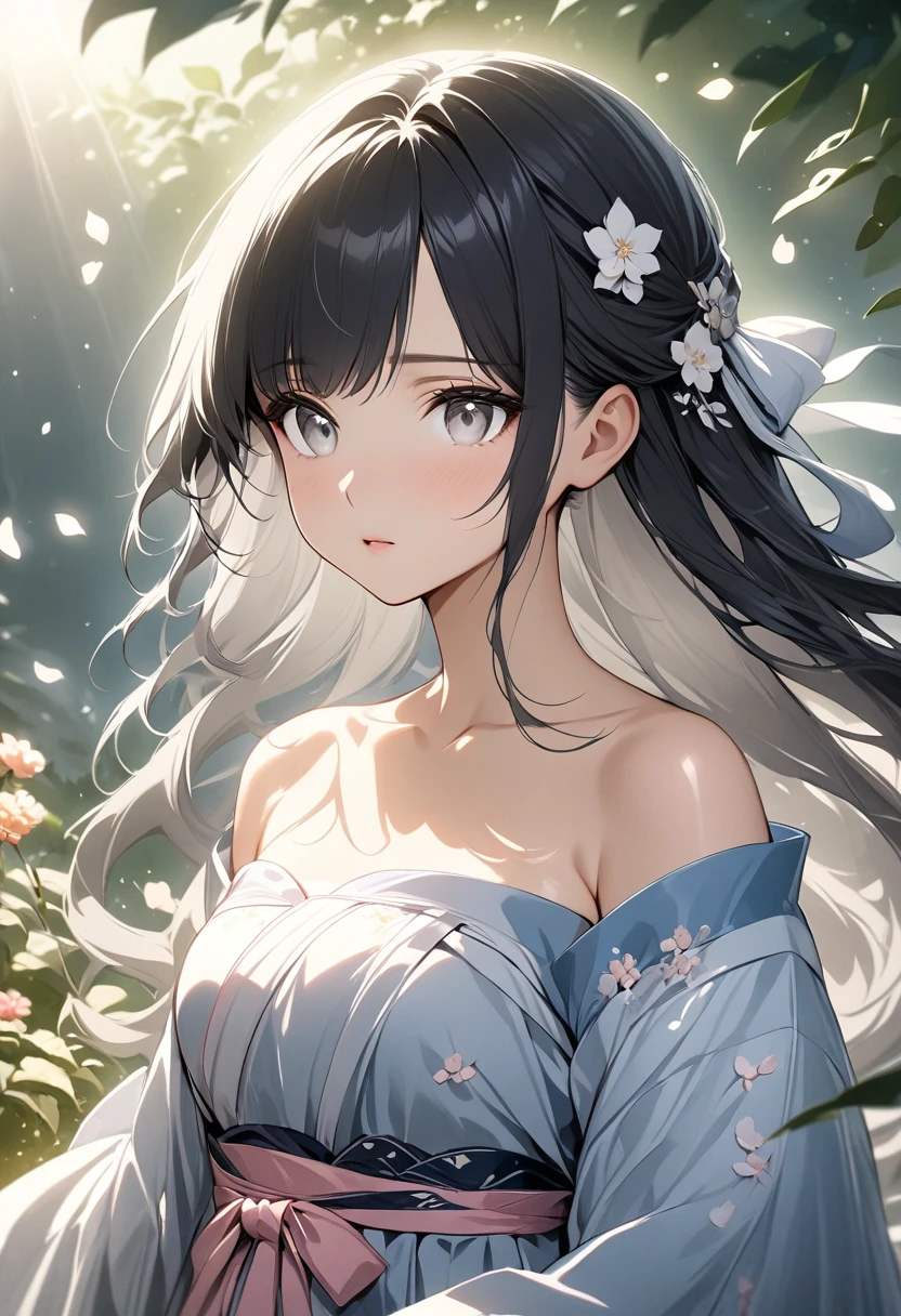 (Girl: 1.5), race, ribbon, Hanfu, (masterpiece, Side light, delicate and beautiful gray eyes: 1.2), masterpiece, Realistic, Glowing Eyes, Shiny Hair, Black Hair, Long Hair, Shiny skin, alone, awkward, Strapless, delicate, beautiful, garden, Flowers, Fluttering petals,