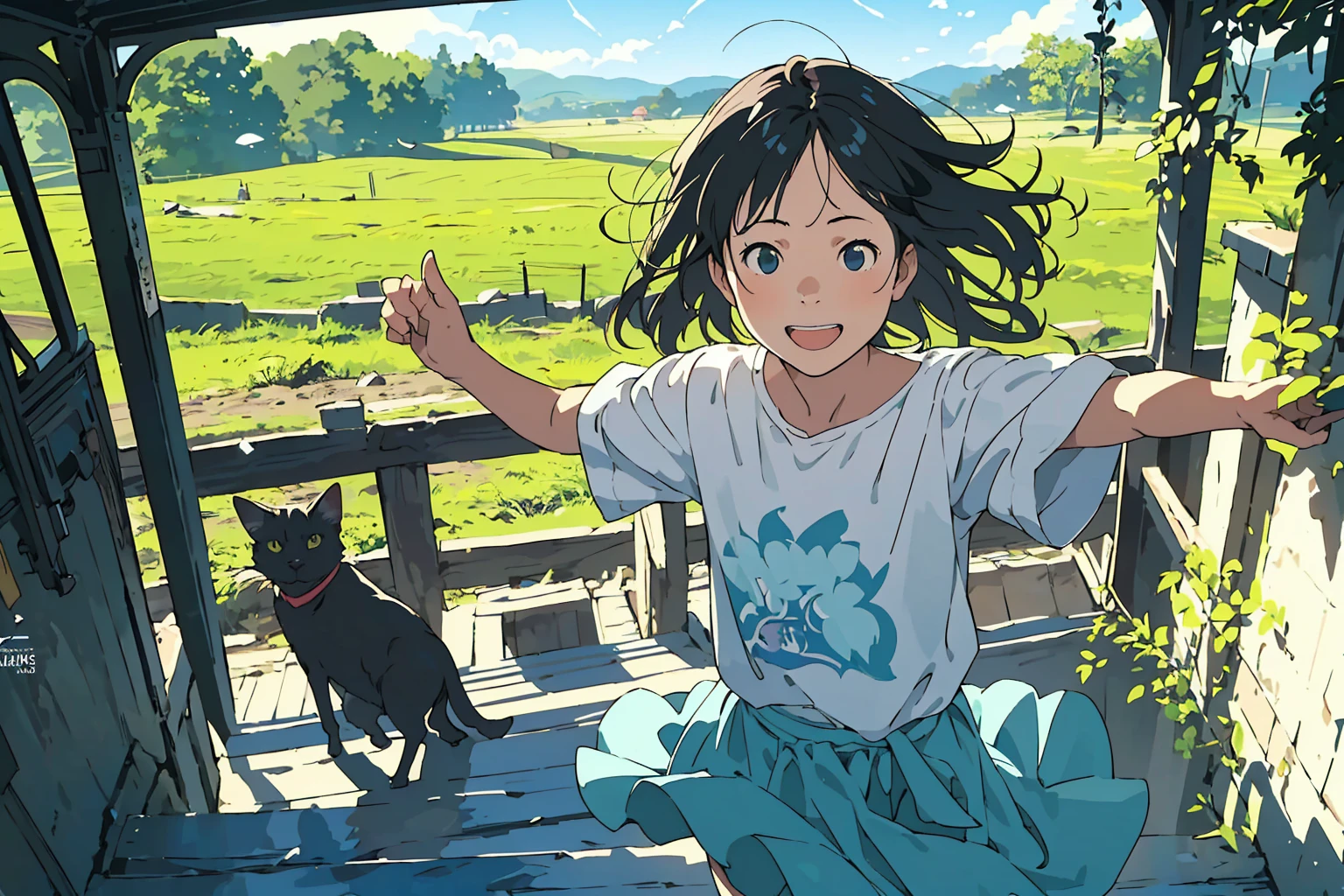Reasonable design, Clear lines, High Sharpness, (Highest quality,4K,Perfect sharpness,Ultra-fine,High resolution,masterpiece:1.2), Perfect Anatomy:1.5, Official Art, Illustrations that tell a story, (Whitish background:0. 9)、Body Positivity、Diverse physical expressions、((Random and energetic poses))、Perfect beauty、Perfect beautiful face、(Strong winds)、Rich expressiveness、Dynamic configuration、smile、Golden ratio composition、colorful、((Different angles and perspectives))、Anime Drawing Skirt、(Overcoming stereotypes)、 Glowing Skin、(Natural Beauty)、bangs、Straight hair、(Soft and flowing hair)、(countryside)、(Nostalgic atmosphere)、Put it on your feet、(Playful and easygoing)、(diverse characters)、(Graceful posture)、(Sunny atmosphere)、(Bright colors)、Inserted up to the thigh、Skirt fluttering in the wind、Angle from above、Cheerful girl、