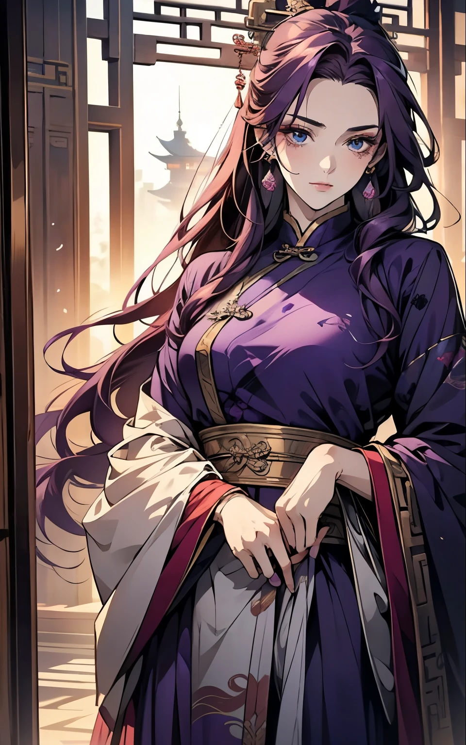 1 middle-aged women, (45 years old), long purple hair, blue eyes, chinese clothes, (!PURPLE! clothes, ultra long skirt ), purple chinese room, portrait