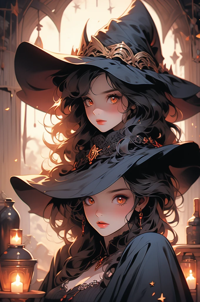 1girl, witch, red wide-brimmed hat, witch hat, plump, shy, witch's hut, orange eyes