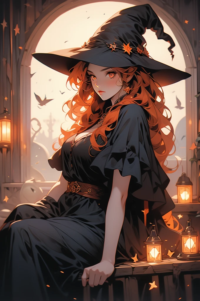 1girl, witch, red wide-brimmed hat, witch hat, plump, shy, witch's hut, orange eyes