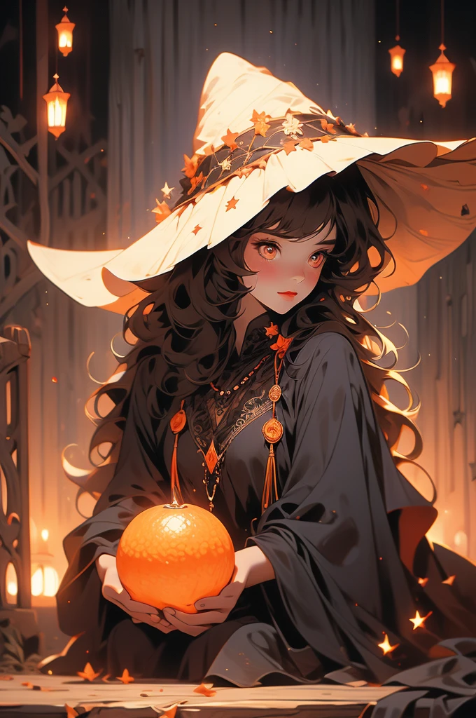 1girl, witch, red wide-brimmed hat, witch hat, plump, shy, witch's hut, orange eyes