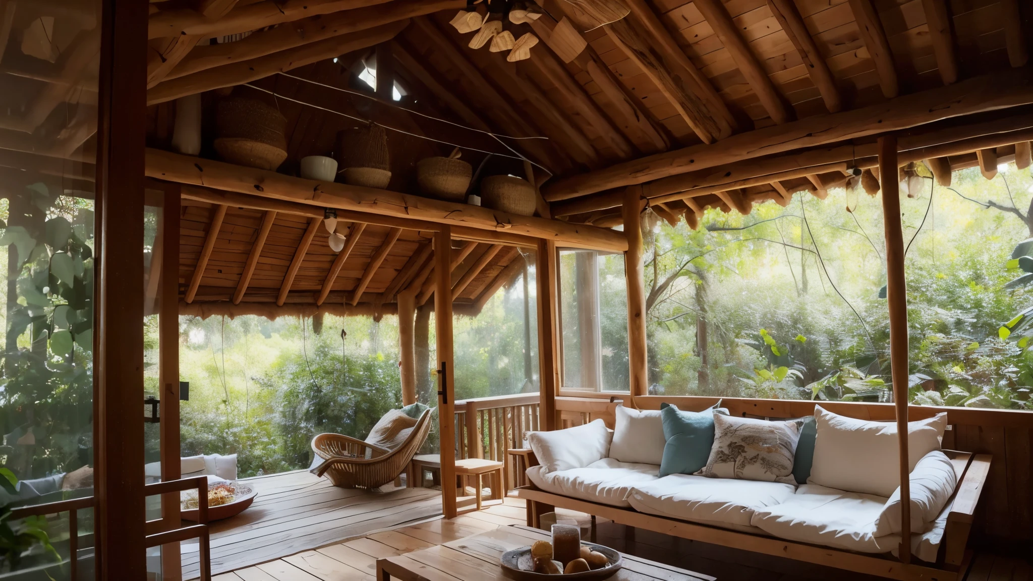//Environment
Treehouse Interior,
BREAK
//Details
For a whimsical and cozy scene, envision the interior of a large treehouse nestled among the branches of a grand tree, Include elements such as wooden floors and walls with a natural, rustic finish, large windows letting in ample sunlight, and leafy branches peeking through,
BREAK
Add comfortable furnishings like a plush sofa with colorful cushions, a small wooden table, and a hammock for relaxation, Incorporate summer details such as potted plants, string lights, and a gentle breeze flowing through the open windows, creating an inviting and enchanting atmosphere that captures the essence of a perfect summer day in a treehouse,
BREAK