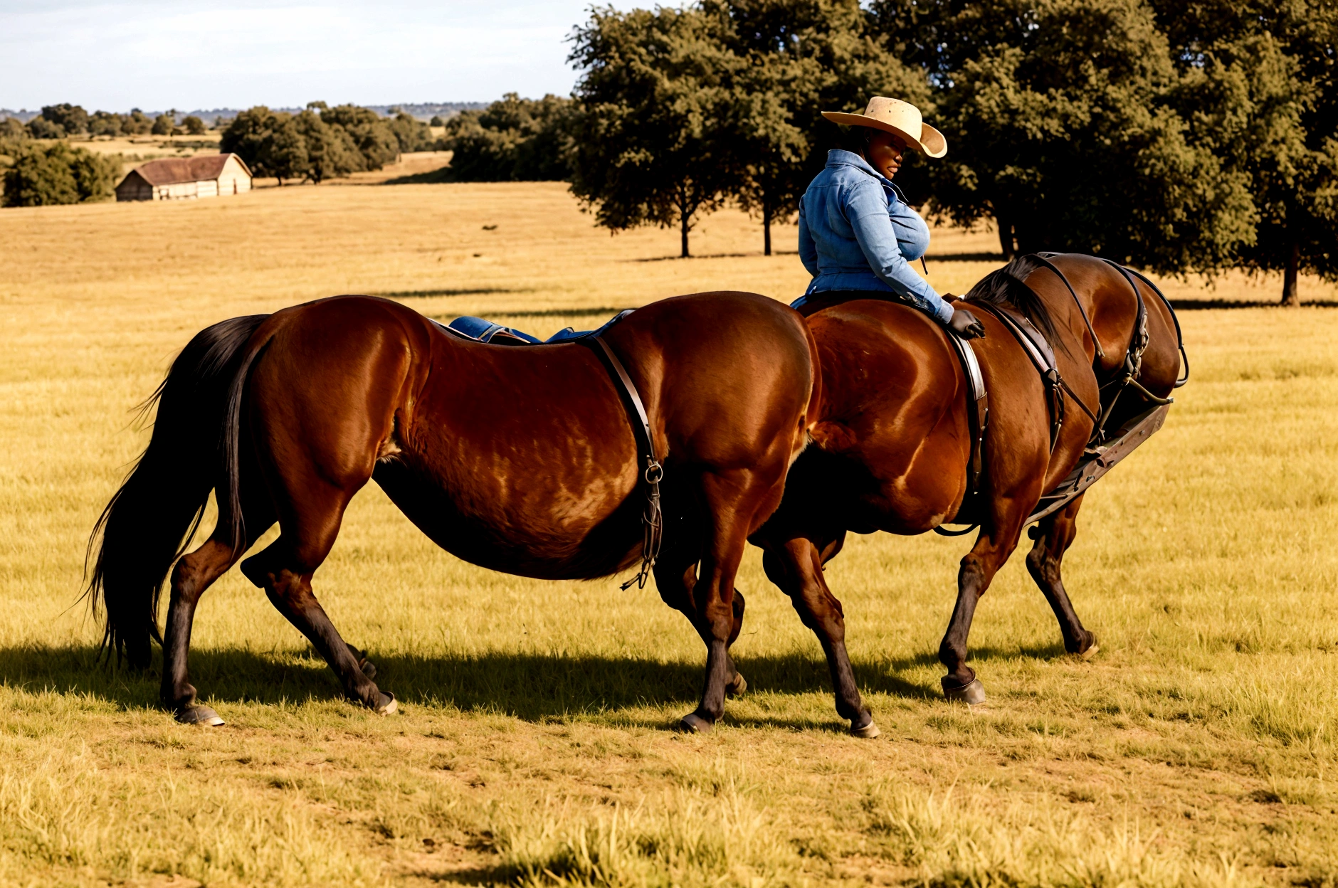 complete side view of horse. a big Belgian draft horse mare with very big bum. horse pulling open wagon. nude BBW African woman riding horse. dung pile under horse bum. raised tail. grass grass field. clear blue sky.