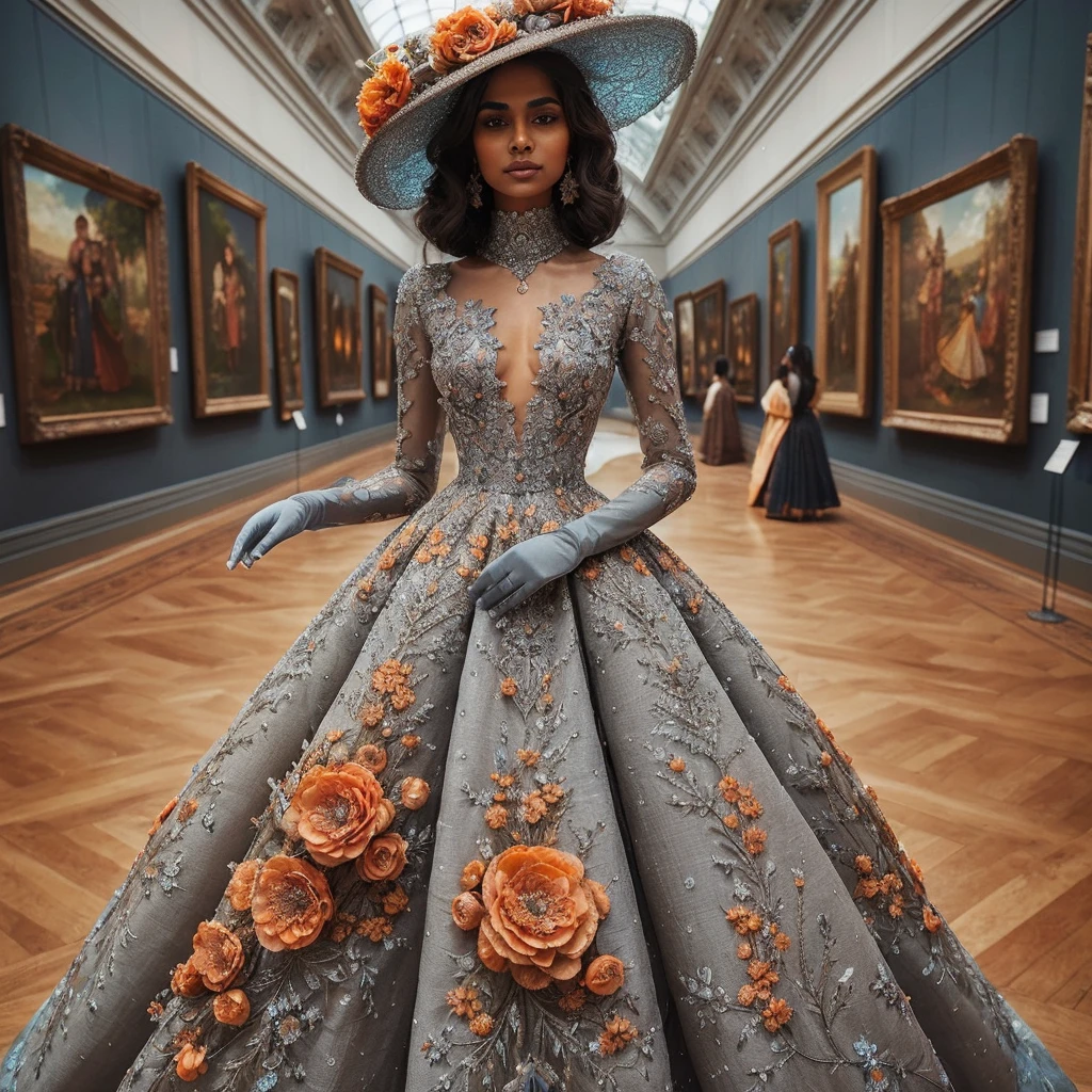 stunning (((brown indian girl))) adorned in a breathtaking, ((grey floral)) (((art piece dress with orange flowers))), intricately detailed and flawlessly fitted to her body. The garment, inspired by impressionism art with vibrant ((orange hues)), is embellished with delicate embroidery and shimmering crystals. Matching (cyan gloves) adorns her hands and a ((gorgeous victorian hat)) complementing her elegant dress. The ensemble, ((polished to perfection)), is designed to captivate in any fashion show, set against a (((museum))) background.