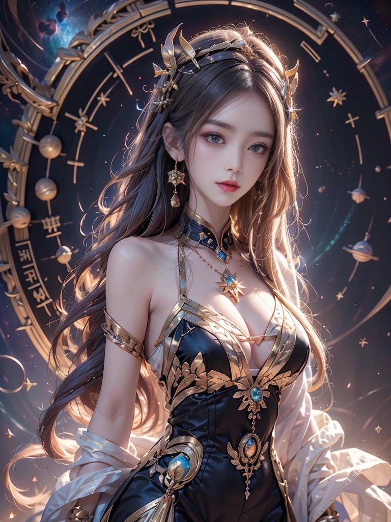 One Zodiac Goddess from the Future, Zodiac goddess wearing ao dai to hide her chest, The Zodiac Goddess wears a bright yellow gold vest, 女神は明るいピンク紫色のconstellationのオーラを放っている, 星は12constellationの形をしています, Zodiac goddess wearing a golden zodiac ao dai with many black details, 未来から来た12constellationの神話の女神, constellation ♏, Zodiac Style, Dark and mysterious version, ample , Red lips are well-balanced and very beautiful, Characters by Karol Baque and Pino Daeni, Intricate details, Detailed Background, Many objects in the background, Very detailed, Magic lighting, woman, A clearly drawn face, Beautiful face and symmetrical eyes, Big round eyes and very beautiful and detailed makeup, distant focus, Silk clothing, Mysterious decoration, Upper body portrait, Arms loosen, Realistic and vivid photos, (The stars that make up the zodiac: 1.7), (Zodiac sky background and fantasy portal of space and time: 1.8 ), Fiction Art, RAW images, style fantasy hanfu, Long sleeves that cover both hands, Two outstretched arms,