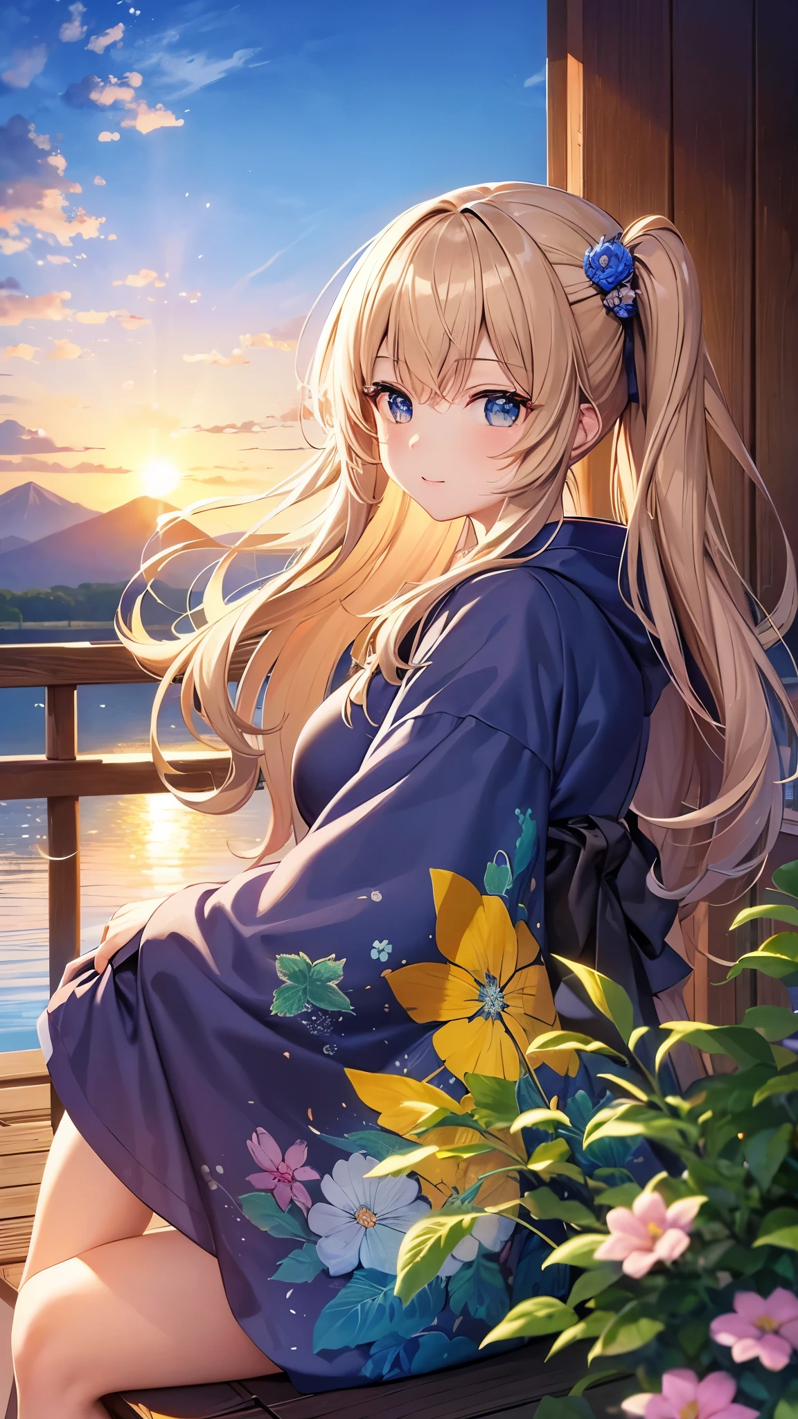Top quality masterpiece: 1.2 Ultra high definition, High resolution, Ultra HD Detailed Background: 1.37 Detailed Eyes:1.5、Beautiful detailed eyes anime:1.2、Anime style 1 girl:1.2 people、Young girl:1.2 people beautiful girl:1.37、Long-haired girl:1.4. Expressive Face:1.5、Expressive anime faces kimono:1.2、Retro kimono Mount Fuji scenery:1.37、Outdoor、Sunset Beautiful Sky:1.4、Lake Pictures