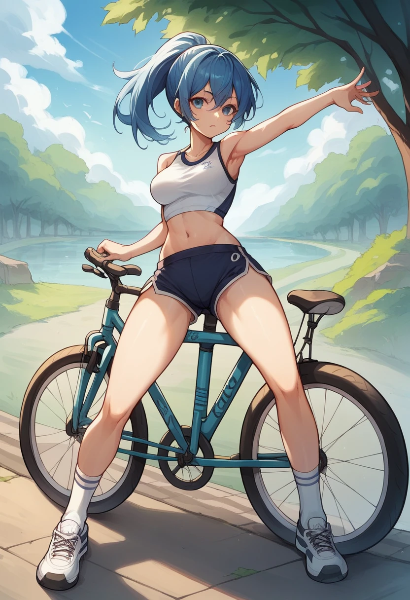 a girl is sitting on top of a bicycle, 1girl, solo, bicycle, navel, shorts, armpits, ponytail, breasts, blue hair, socks, looking at viewer, midriff, shoes, dolphin shorts, short shorts, ground vehicle, outdoors, white socks,