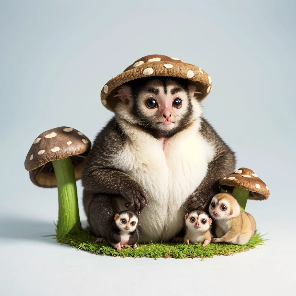 Small Animals, mushroom mixed with Slow lorises, has beard, fat,Grassroots, no background