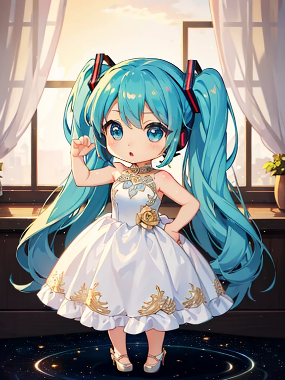 (Evening Dress:1.5), Hatsune Miku, (chibi:1.5), full body, Big Eyes, dance, (masterpiece), highest quality