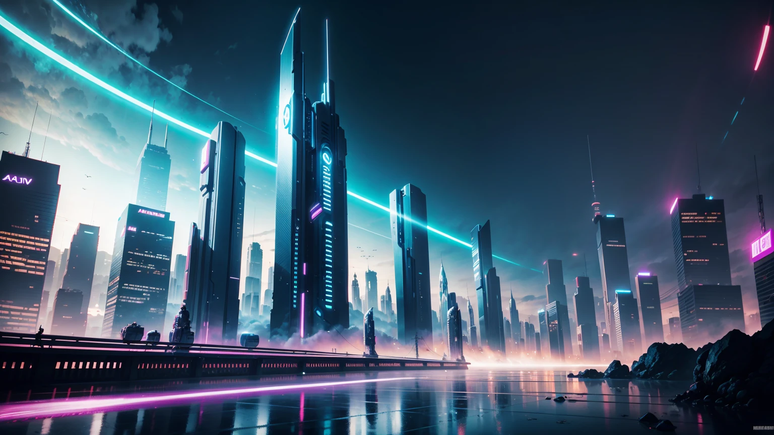 A large futuristic city in cyberpunk style, neon lig, Ultra wide view, very sky, Few tall buildings in the middle of the composition, No buildings in the middle of the scene, only on the sides