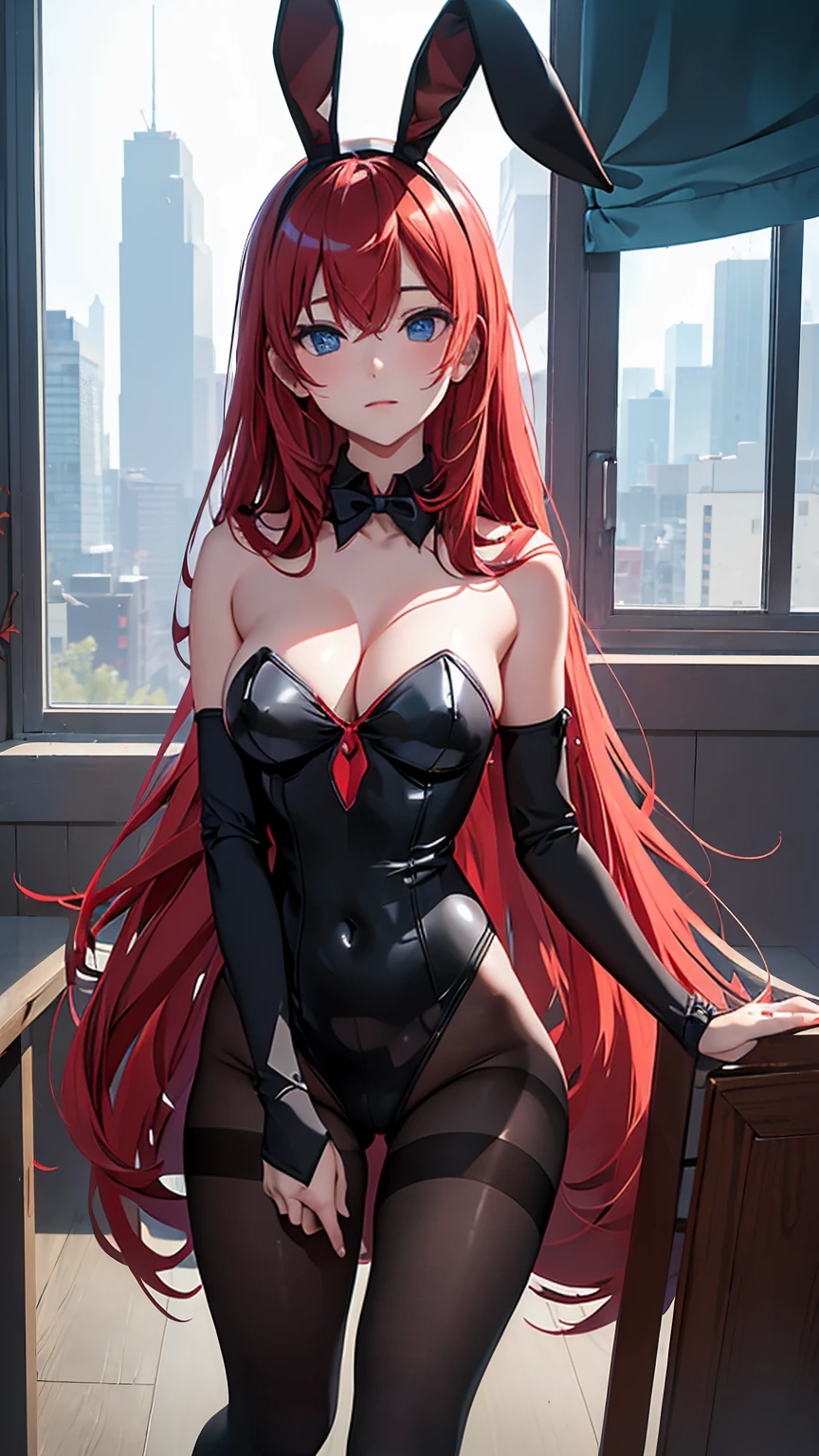 ((best quality)), ((masterpiece)), (detailed), perfect face, perfect body, 1girl, red long hair, cyan eyes, ((black bunny girl)), ((black pantyhose)), ((Seeing the girl front body)), naughty poses, bedroom windows show up night city