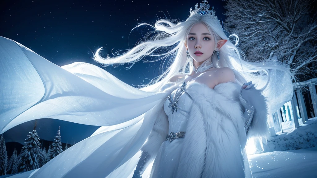 (( Elf girl with long white hair, blue eyes, good shape, long white dress, cape, ice crown, ice earrings )), (( Riding on the back of a large thick white-haired wolf Fierce, scary, majestic. )), full body image, Look at the camera., Front camera angle: Wild, Cold Weather, snow, snowfall, Snow droplets, Snow in the air, cinematic scene, Magic, Snow Magic, fantasy, mythology, decoration, diffused lighting, moon light, moon, (Ice magic on hand ), ( Release the ice from your hands. ), ( Ice aura around you ), ( Ice effect on the body ), nsfw