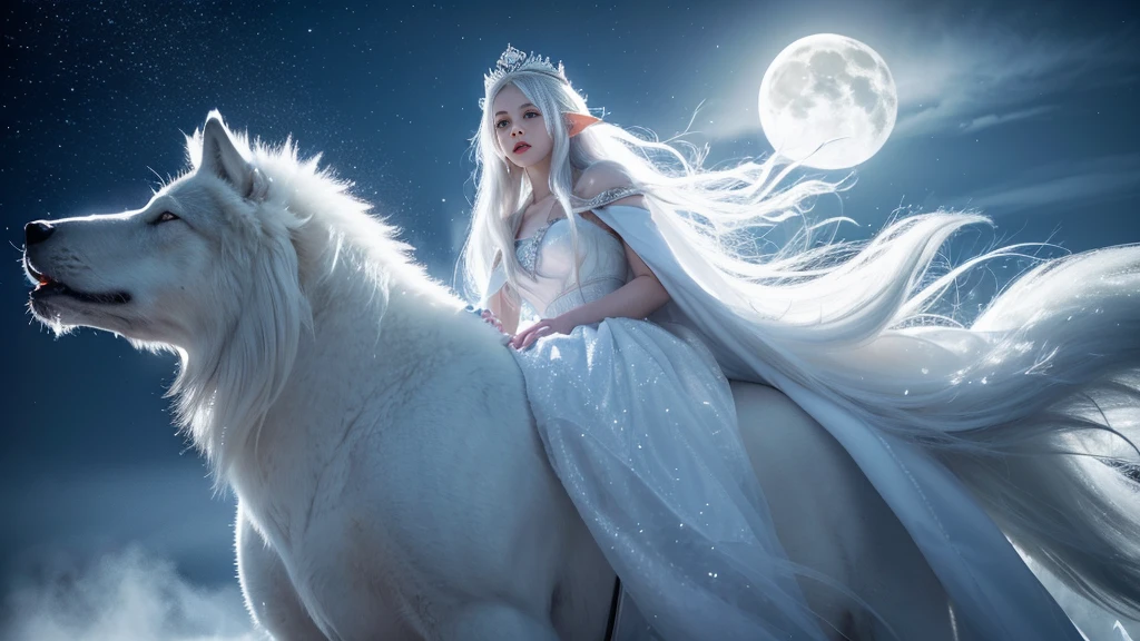 (( Elf girl with long white hair, blue eyes, good shape, long white dress, cape, ice crown, ice earrings )), (( Riding on the back of a large thick white-haired wolf Fierce, scary, majestic. )), full body image, Look at the camera., Front camera angle: Wild, Cold Weather, snow, snowfall, Snow droplets, Snow in the air, cinematic scene, Magic, Snow Magic, fantasy, mythology, decoration, diffused lighting, moon light, moon, (Ice magic on hand ), ( Release the ice from your hands. ), ( Ice aura around you ), ( Ice effect on the body ), nsfw