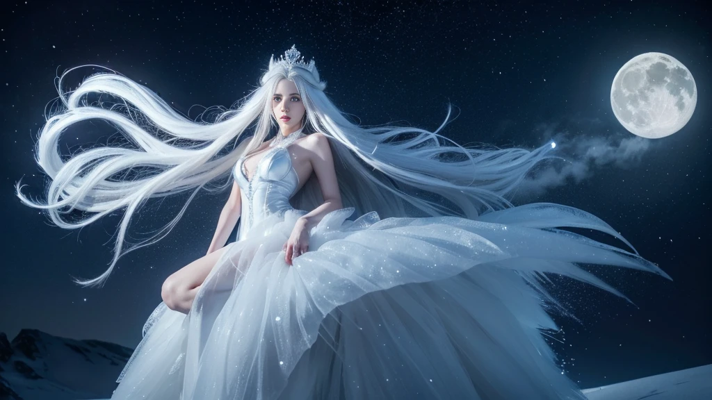 (( Elf girl with long white hair, blue eyes, good shape, long white dress, cape, ice crown, ice earrings )), (( Riding on the back of a large thick white-haired wolf Fierce, scary, majestic. )), full body image, Look at the camera., Front camera angle: Wild, Cold Weather, snow, snowfall, Snow droplets, Snow in the air, cinematic scene, Magic, Snow Magic, fantasy, mythology, decoration, diffused lighting, moon light, moon, (Ice magic on hand ), ( Release the ice from your hands. ), ( Ice aura around you ), ( Ice effect on the body ), nsfw