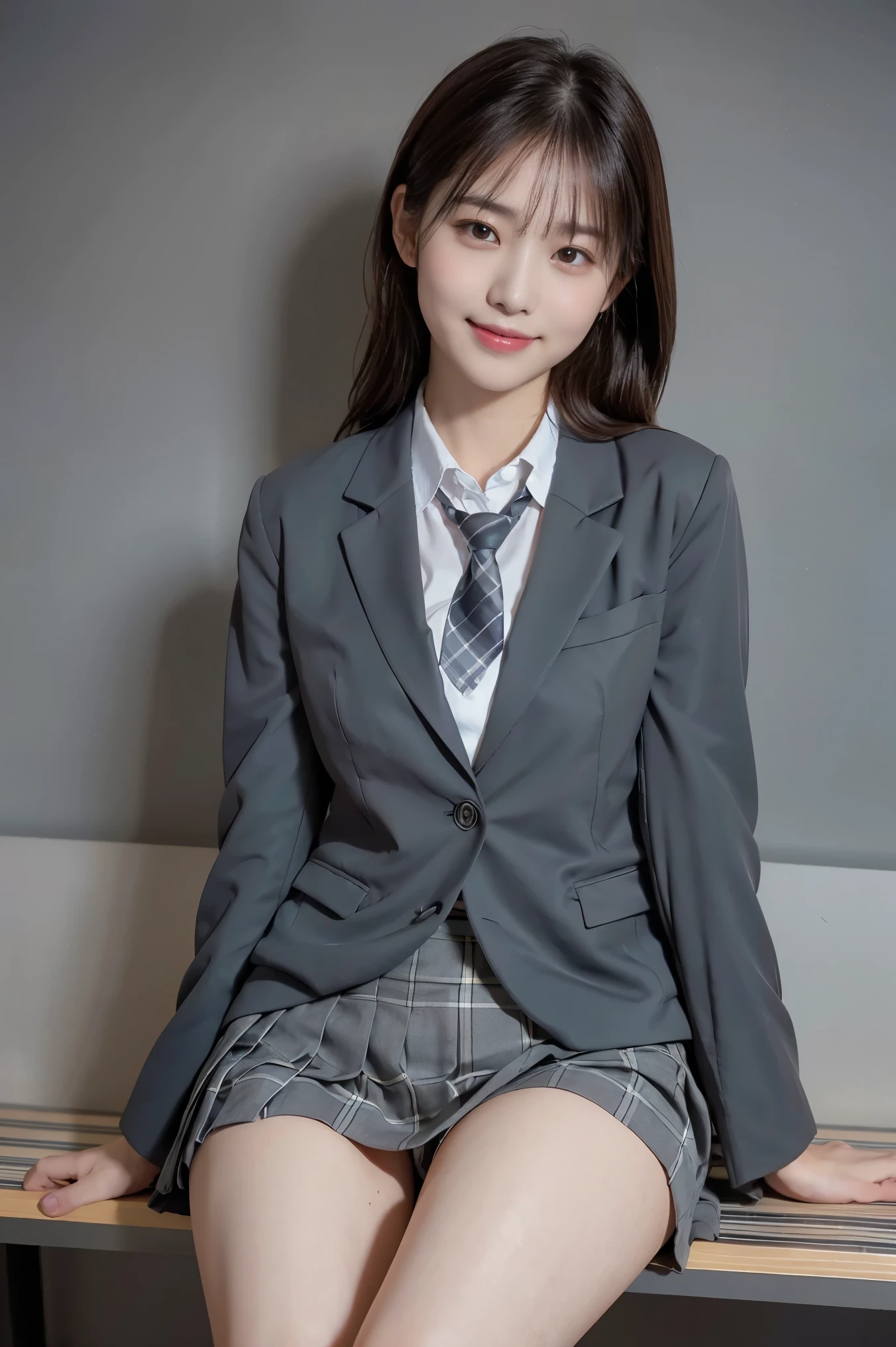 (8k), (highest quality: 1.2), (Realistic), (Realistic: 1.37), Ultra-high resolution, (1 girl), cute, (blush:1.2),(Embarrassed smile), Beautiful details, Beautiful Nose, straight Hair, Giant Dulcefo, pork, Thick thighs,Self Snap,University Uniforms,(A simple dark gray blazer:1.4),(Pleated skirt:1.2),(The skirt and tie are black tartan check pattern.:1.3),(Sitting:1), Sit on the bench,(Shiny legs:1.4),from the front,knees
