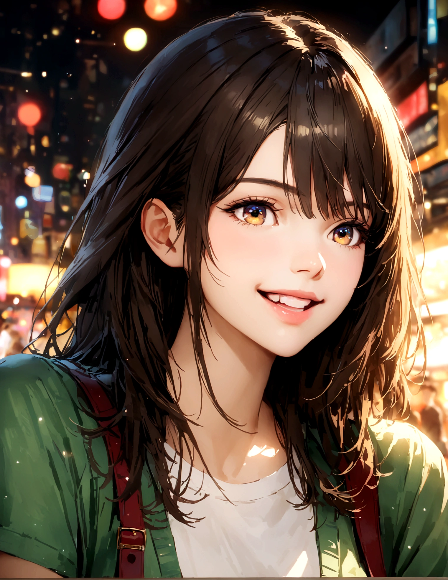 Shinjuku, Cute casual clothes,On a date,Blur the background,high school girl,smile,Glitter effect,Highest quality, 4K, 8K, High resolution, masterpiece:1.2, Very detailed, Realistic:1.37, High resolution, 超High resolution, Ultra-fine painting, Sharp focus, Physically Based Rendering, Very detailedな説明, Professional, Vibrant colors