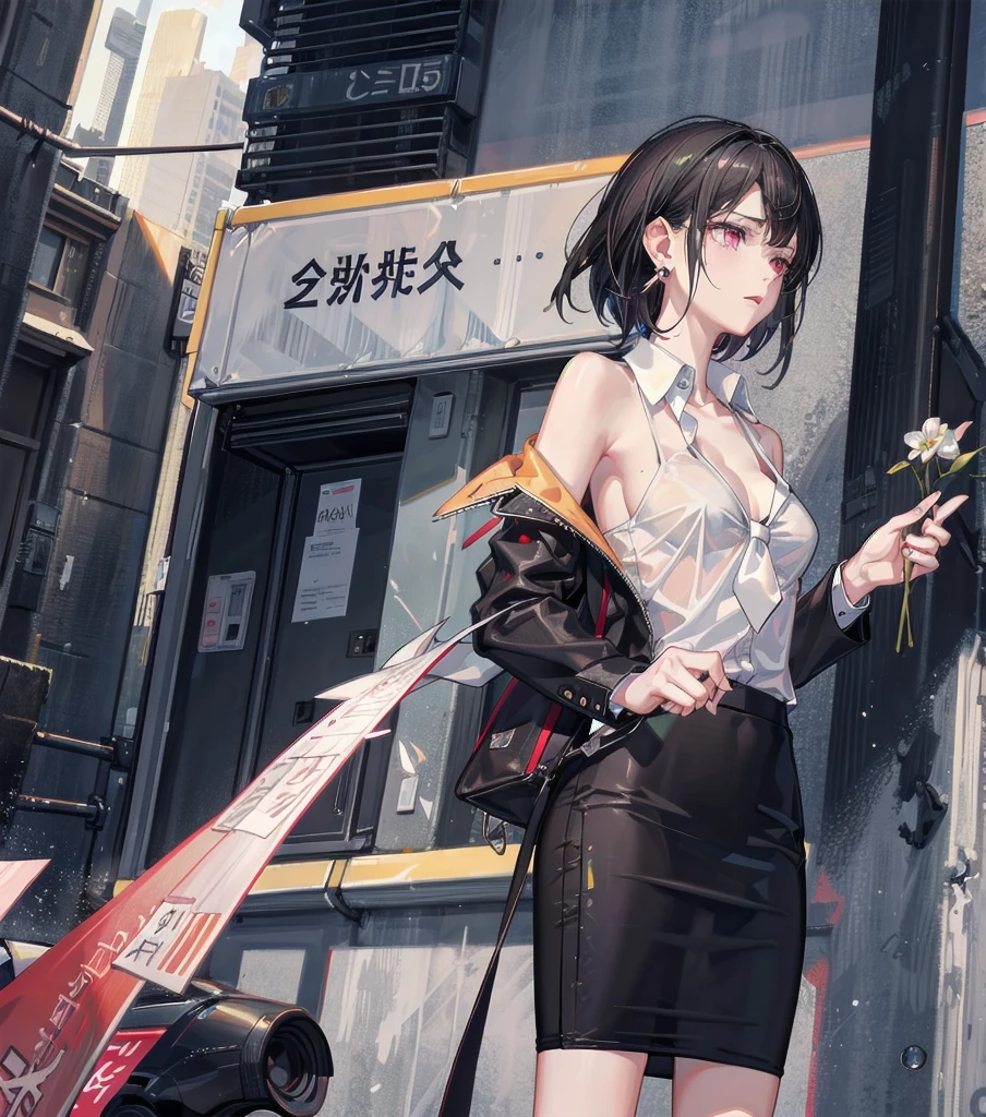 RAW photo, extremely delicate and beautiful, masterpiece, Best Quality, ultra high resolution, 16k, photorealistic, ultra detailed description, pale skin, in her 20s, whole body, medium tits, medium hair, black hair, tearful mole, earring, business suit, blazer, pencil skirt, collarbone, shirt, tie,