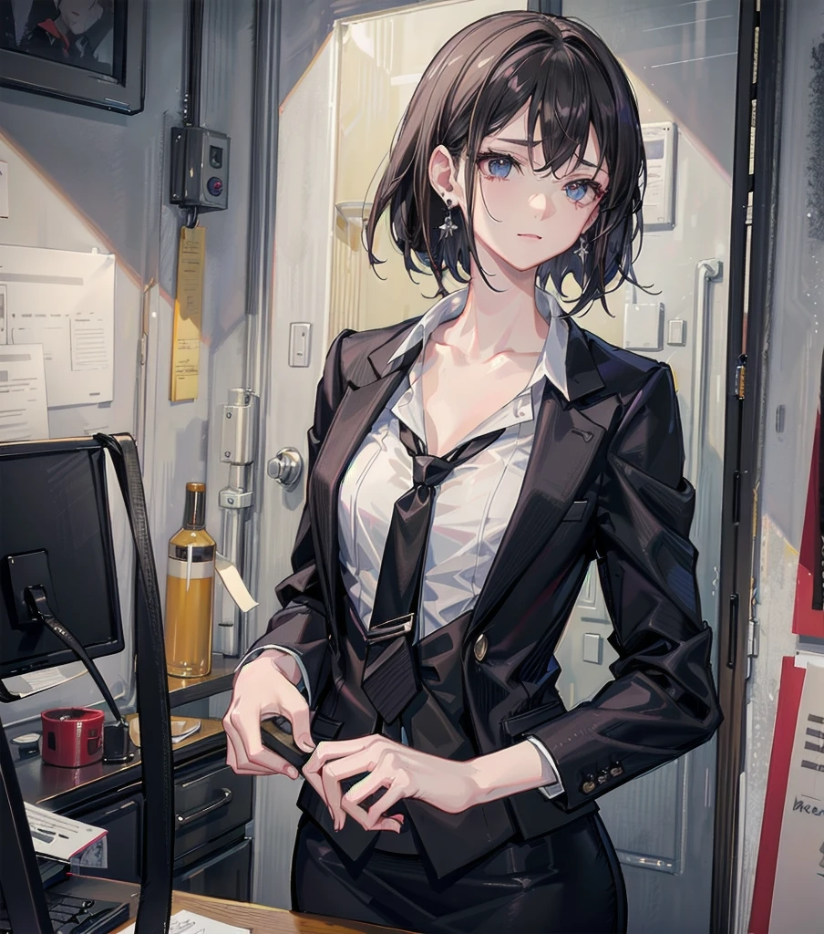 RAW photo, extremely delicate and beautiful, masterpiece, Best Quality, ultra high resolution, 16k, photorealistic, ultra detailed description, pale skin, in her 20s, whole body, medium tits, medium hair, black hair, tearful mole, earring, business suit, blazer, pencil skirt, collarbone, shirt, tie,