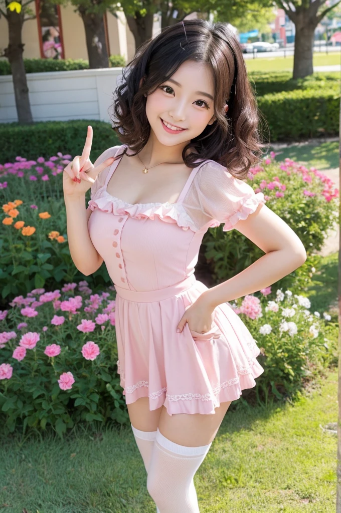A young Japanese idol-style woman with a small, round face and youthful features. She has natural makeup with a hint of blush and glossy pink lipstick, wearing a cheerful and playful expression. Her hair is black, semi-long straight, and styled with soft curls. She has a short and voluptuous build with fair skin, a slim stomach, and a curvaceous figure. She is wearing a cute and stylish outfit: a pastel-colored, frilly dress with a fitted bodice and a flared skirt that reaches mid-thigh, paired with knee-high socks and cute, pastel-colored shoes. She is standing in a playful pose, one hand on her hip and the other hand making a peace sign near her face, her eyes sparkling with joy. The background features a bright and colorful setting with flowers and butterflies, creating a whimsical and happy atmosphere. The camera angle is from a slightly lower perspective, capturing her full body and the cheerful, adorable vibe. The image should be high quality, realistic, and detailed.