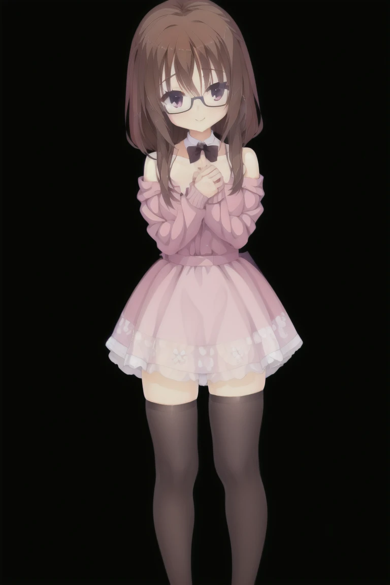 1girl,独奏,smiling, glasses, woman, brown hair, medium hair, A frilly pink sweater with exposed shoulders, black skirt with a ribbon,medium breast, full body, full body, Thigh Highs, Character portrait, whole body, expensive_solve, clear_image, expensive_Contrast, 8K, Sparkling, beautiful_detailed_face_and_eye, (Brown Hair:1.25), 白 eye,Black background