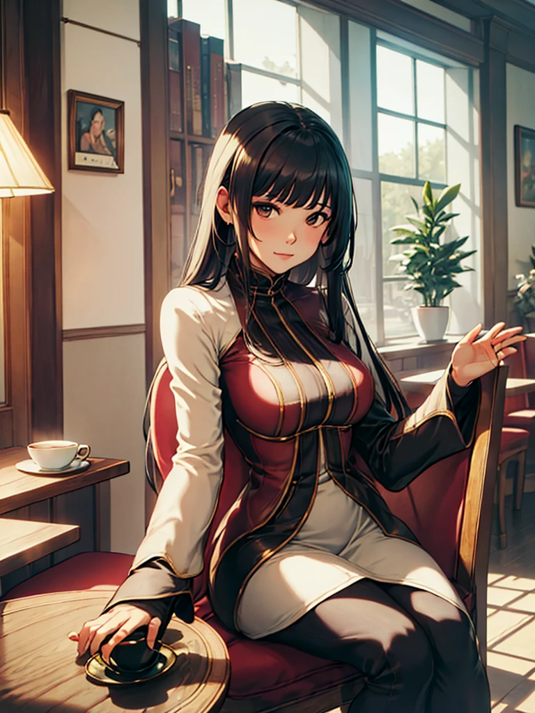 (masterpiece、top-quality、hight resolution), In a cozy café, the scene is viewed from the perspective of someone having tea with a gentle and wealthy married woman. She has a calm and relaxed demeanor, clearly evident at first glance. She is dressed in simple but high-quality, expensive clothing. The woman looks softly at her companion, exuding warmth and kindness. On the table between them, there are light snacks and drinks. Both are seated in comfortable chairs, creating an intimate and relaxed atmosphere. nsfw, 30 years old