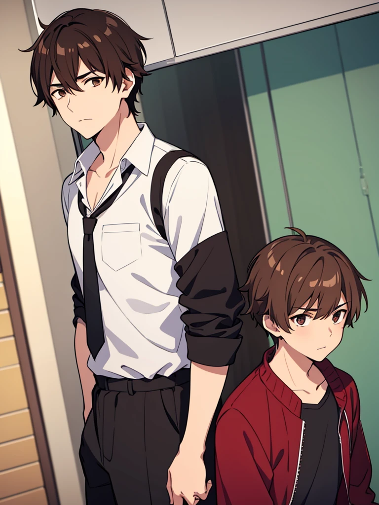 Male Character, Boy, Medium Hair, Brown Hair, Brown Dark Eyes, Red, Student Clothes