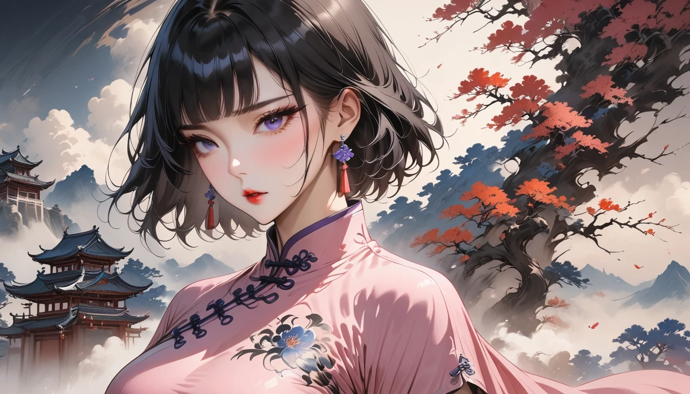 (Masterpiece, Best Quality: 1.3), 1girl, (Conservatively Dressed: 1.8), pink-purple cheongsam, pink-purple qipao, (Mature: 1.4), short hair, blunt bangs, Cold Eyes, Gorgeous Accessories, Fluttering Cloak, very aesthetic, national painting, Clothing ink painting style, medium shot, high detail, Masterpiece, super detail, best quality