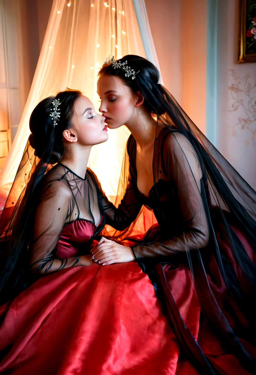 two girl kissing, see her ass,(bright lighting,romantic setting),dreamy background,,dark hair, mesmerizing gaze, , soft skin, alluring beauty, artistic portrait, high-quality image, vibrant colors,translucent black and red long silk gown, mosquito net, lying down, romantic bedroom, veil