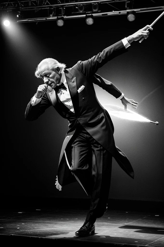 Generate a Black and white picture of an old magician performing in the stage and flying his stick in air