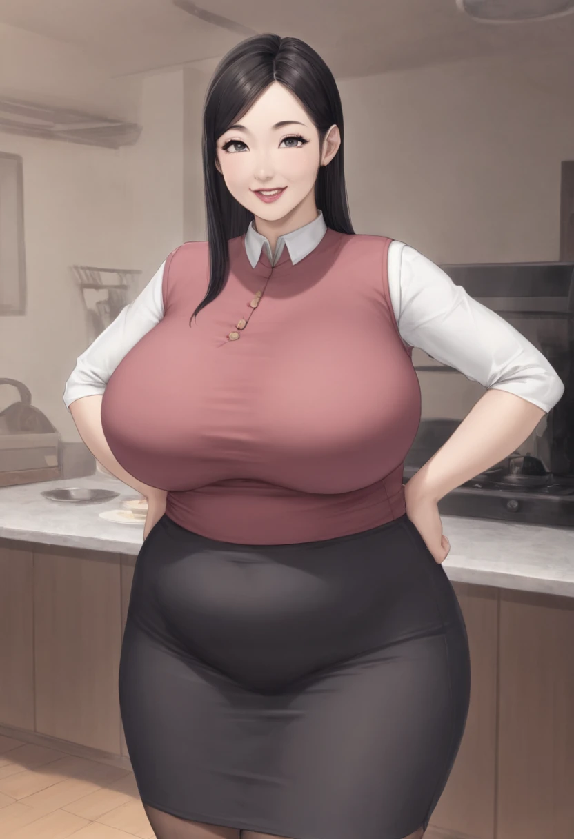 detailed illustration, dynamic angle, ultra-detailed, illustration, 1girl, mid 20’s year old Chinese woman, during the day, in a fancy home, standing in the kitchen , wood paneled walls, beautiful dark wood floors, oriental rugs, obese and thicc milf , silk waist-long dark hair , big round firm belly, academic uniform, strained shirt, soft smile, motherly and nurturing, look cute, tight clothes, tight  very wealthy looking, tall, grey eyes, anime eyes