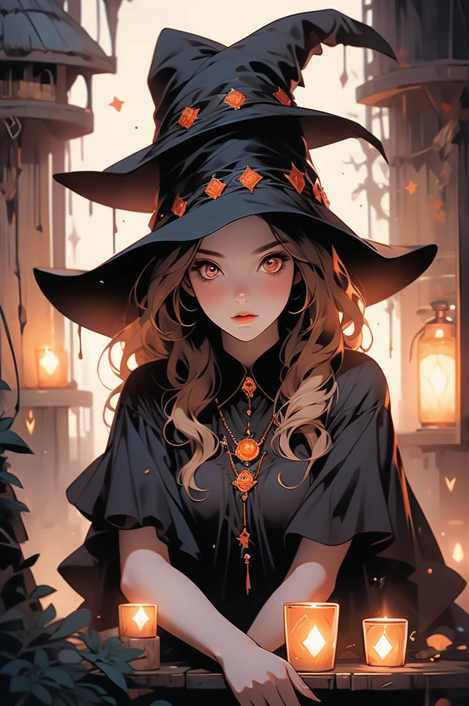1girl, witch, red wide-brimmed hat, witch hat, plump, shy, witch's hut, orange eyes