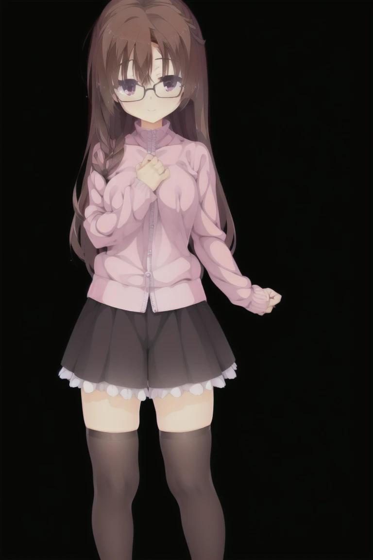 1girl,独奏,smiling, glasses, woman, brown hair, medium hair, A frilly pink sweater with exposed shoulders, black skirt with a ribbon,medium breast, full body, full body, Thigh Highs, Character portrait, whole body, expensive_solve, clear_image, expensive_Contrast, 8K, Sparkling, beautiful_detailed_face_and_eye, (Brown Hair:1.25), 白 eye,Black background