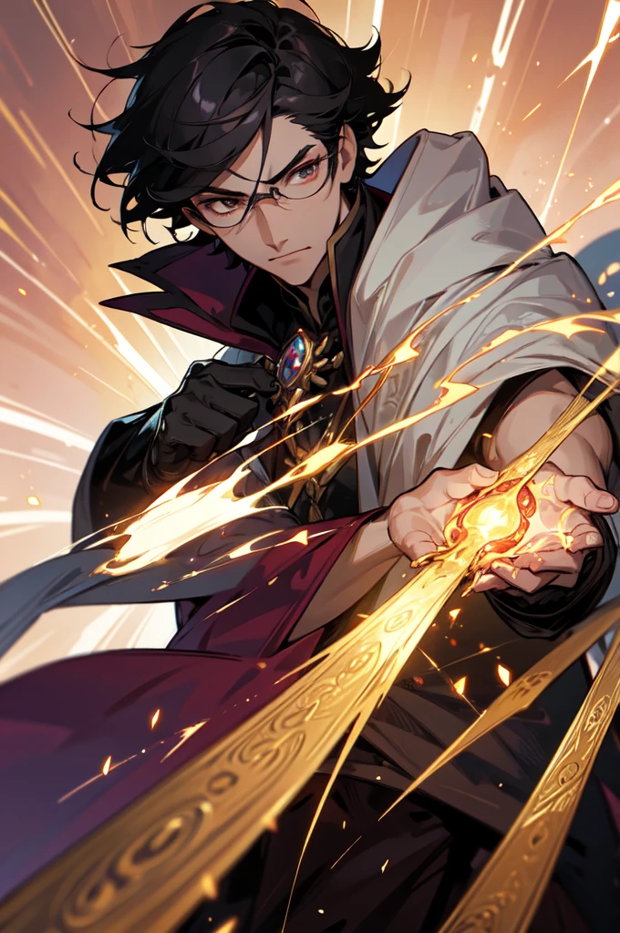 masterpiece, best quality, 1 male, young, tall muscular, handsome, finely detailed eyes, intricate details, black hair, short hair, evil face, solo, upper body, detailed dark shadow background, detailed face, good sorcerer, color magical robes, determined expression, white color scheme, dark crimson light, glowing magical runes, realistic lighting, floating particles, sparks, surrounded by gold lightning red arcane symbols, corrupted by eldritch power, bloom, glasses