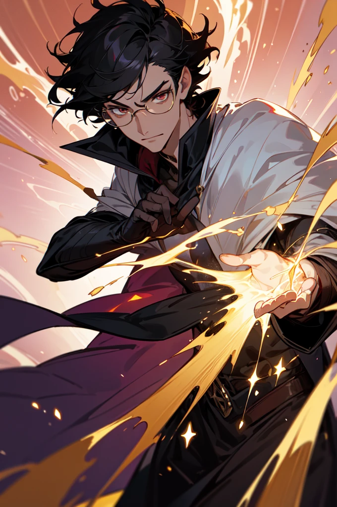 masterpiece, best quality, 1 male, young, tall muscular, handsome, finely detailed eyes, intricate details, black hair, short hair, evil face, solo, upper body, detailed dark shadow background, detailed face, good sorcerer, color magical robes, determined expression, white color scheme, dark crimson light, glowing magical runes, realistic lighting, floating particles, sparks, surrounded by gold lightning red arcane symbols, corrupted by eldritch power, bloom, glasses