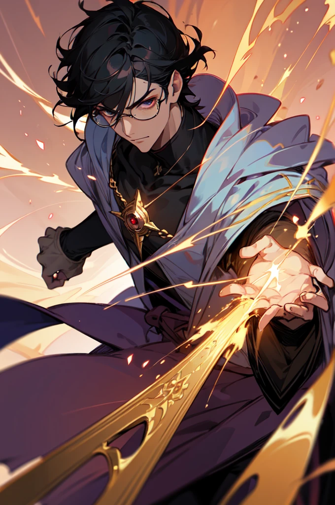 masterpiece, best quality, 1 male, young, tall muscular, handsome, finely detailed eyes, intricate details, black hair, short hair, evil face, solo, upper body, detailed dark shadow background, detailed face, good sorcerer, color magical , determined expression, white color scheme, dark crimson light, glowing magical runes, realistic lighting, floating particles, sparks, surrounded by gold lightning red arcane symbols, corrupted by eldritch power, bloom, glasses
