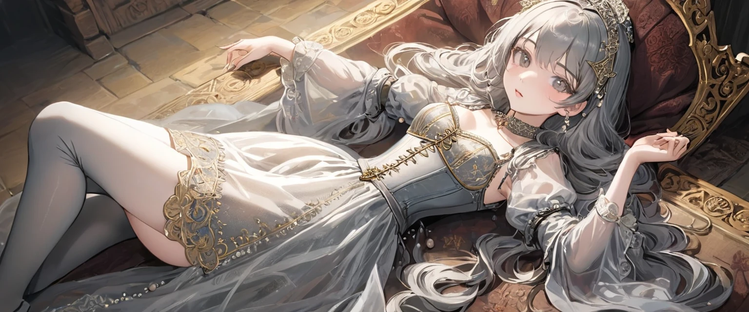 Girls in the Middle Ages、 Gold and silver embroidery、underwear姿、Knee-length semi-transparent drawers（underwear）Wearing、Wearing a semi-transparent corset、 Grey translucent tights、Lying down、White Grey Pearl Medieval Long Dress