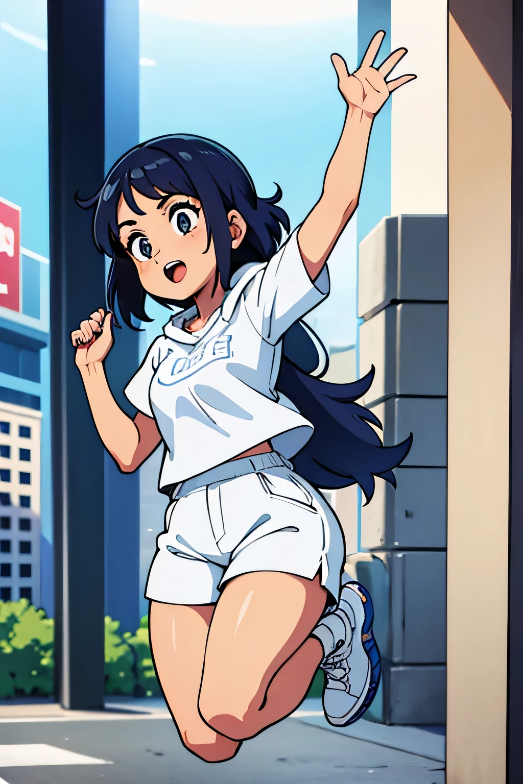 hood girl, full body, white t shirt, long shorts, makes cool pics, jumping