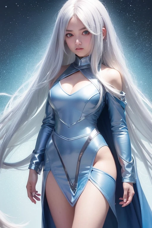 18-year-old girl, Messy hair (like Android 21), Broken hair, Silver hair with light blue tones, Light blue eyes, Brown skin, Dark skin, Silver dress with light blue, Long sleeves, Paladin-type clothing, Bare shoulders, expression: shy, full body image.