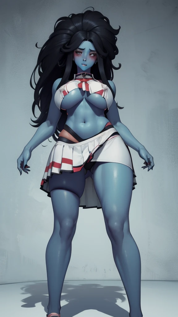 The spirit, very long hair, black hair ,(((blue skin))),navel, Alone, standing,upper body, blush,  ashamed,  underboobs, 
SpiScho,
,
skirt,
nails,
black panties,
black thighs,
Shoes,
Neckband,
standing, Upper part of the body, 
(incredibly detailed, beautiful detailed face, masterpiece, Best Quality), huge juicy vagina, wide hip, view from front