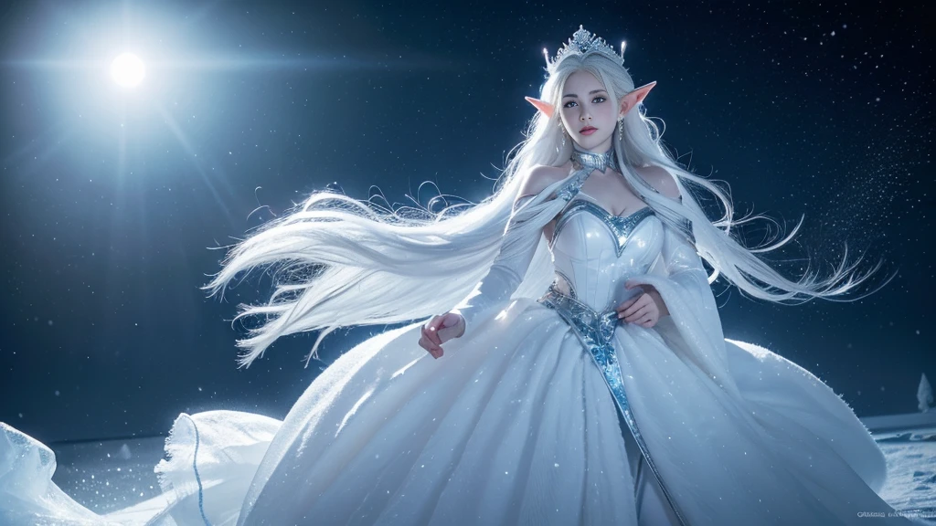 (( Elf girl with long white hair, blue eyes, good shape, long white dress, cape, ice crown, ice earrings )), (( Riding on the back of a large thick white-haired wolf Fierce, scary, majestic. )), full body image, Look at the camera., Front camera angle: Wild, Cold Weather, snow, snowfall, Snow droplets, Snow in the air, cinematic scene, Magic, Snow Magic, fantasy, mythology, decoration, diffused lighting, moon light, moon, (Ice magic on hand ), ( Release the ice from your hands. ), ( Ice aura around you ), ( Ice effect on the body ), nsfw, stunning beautiful idol face, huge 