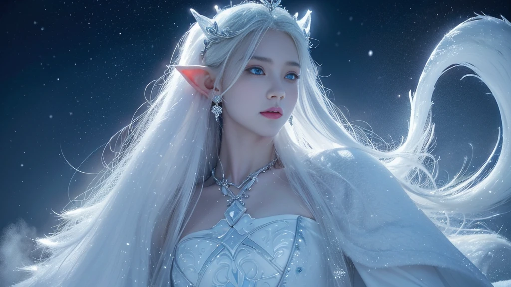 (( Elf girl with long white hair, blue eyes, good shape, long white dress, cape, ice crown, ice earrings )), (( Riding on the back of a large thick white-haired wolf Fierce, scary, majestic. )), full body image, Look at the camera., Front camera angle: Wild, Cold Weather, snow, snowfall, Snow droplets, Snow in the air, cinematic scene, Magic, Snow Magic, fantasy, mythology, decoration, diffused lighting, moon light, moon, (Ice magic on hand ), ( Release the ice from your hands. ), ( Ice aura around you ), ( Ice effect on the body ), nsfw, stunning beautiful idol face, huge 