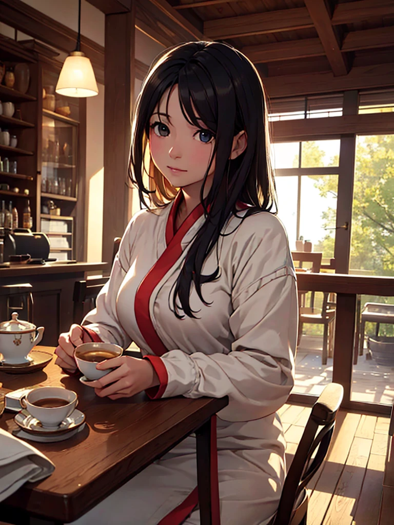 (​masterpiece、top-quality、hight resolution), In a cozy café, the scene is viewed from the perspective of someone having tea with a gentle and wealthy married woman. She has a calm and relaxed demeanor, clearly evident at first glance. She is dressed in simple but high-quality, expensive clothing. The woman looks softly at her companion, exuding warmth and kindness. On the table between them, there are light snacks and drinks. Both are seated in comfortable chairs, creating an intimate and relaxed atmosphere. nsfw, 30 years old