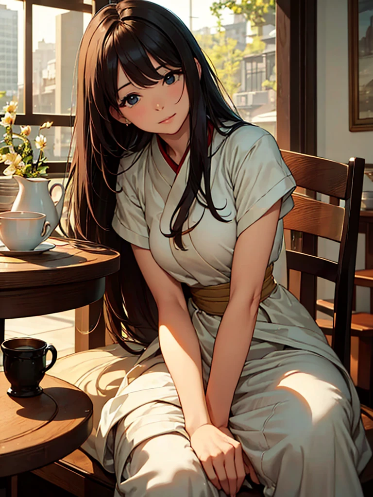 (​masterpiece、top-quality、hight resolution), In a cozy café, the scene is viewed from the perspective of someone having tea with a gentle and wealthy married woman. She has a calm and relaxed demeanor, clearly evident at first glance. She is dressed in simple but high-quality, expensive clothing. The woman looks softly at her companion, exuding warmth and kindness. On the table between them, there are light snacks and drinks. Both are seated in comfortable chairs, creating an intimate and relaxed atmosphere. nsfw, 30 years old