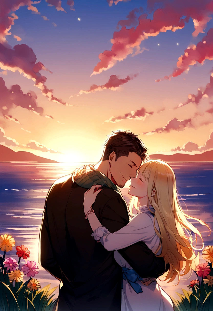 Tabletop,Highest quality,2 others, Couple, 1 boy and 1 girl, mature, (High and low difference 1.3), Different hair colors, Happy, Require, (hug), Upper Body, Girl with long hair, Blonde and brunette, Fantasy, spring, Sea behind、sunset