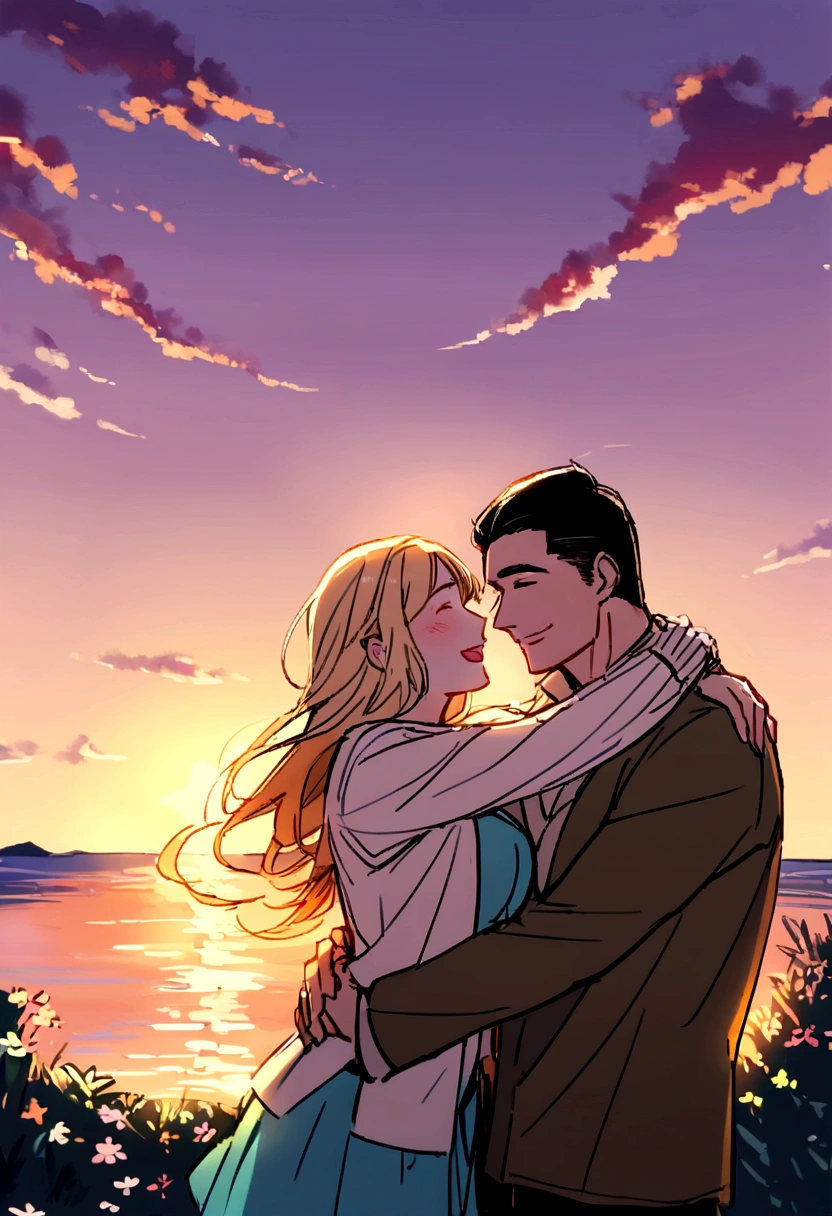 Tabletop,Highest quality,2 others, Couple, 1 boy and 1 girl, mature, (High and low difference 1.3), Different hair colors, Happy, Require, (hug), Upper Body, Girl with long hair, Blonde and brunette, Fantasy, spring, Sea behind、sunset